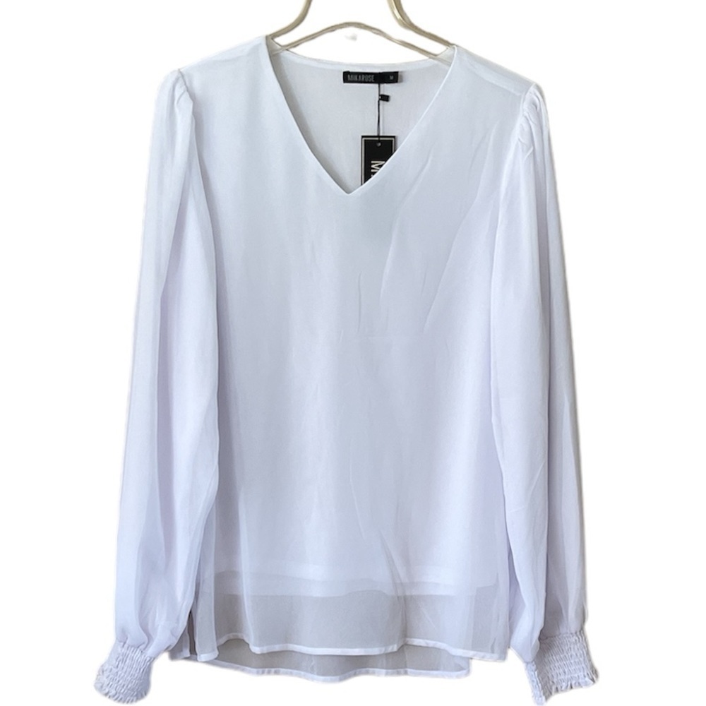 NWT Mikarose Blouse V-neck Sheer Fabric Lined Size Medium Shirred Elastic Cuffs